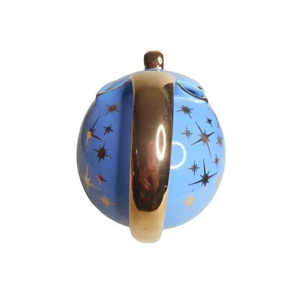 EUC VTG 1950s Hall Periwinkle Blue & Gold Atomic Starburst 6 cup Teapot 0749GL - Picture 2 of 8